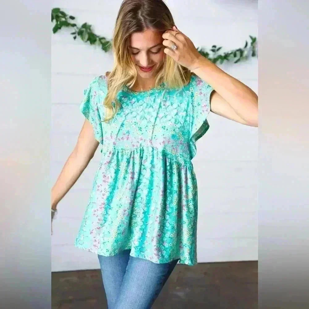 Turquoise Floral Stripe Babydoll Top